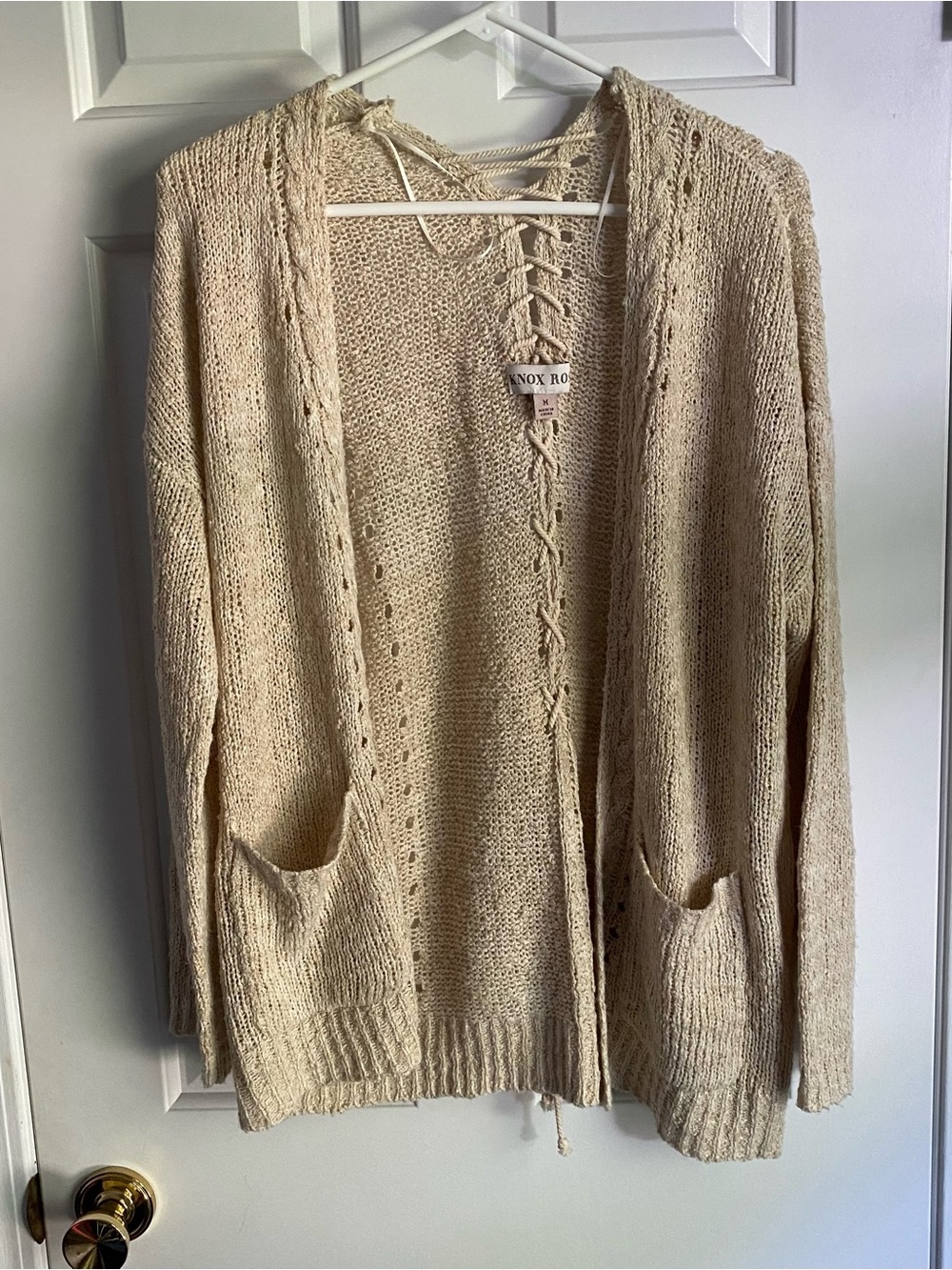Knox Rose Open Knit Cardigan Tan Lace Up M